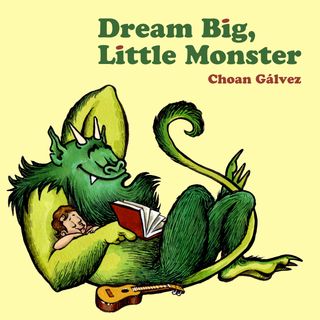 A big green monster reads stories to a sleepy human baby.