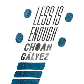 Depiction of a ukulele where the words Less Is Enough Choan Gálvez serve as the headstock; pegs are blue hand drawn circles with watercolor texture; the fretboard is represented through hand drawn rounded rectangles, also in blue watercolor.