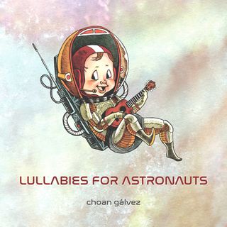 A baby, dressed as an astronaut, floating in space, playing ukulele